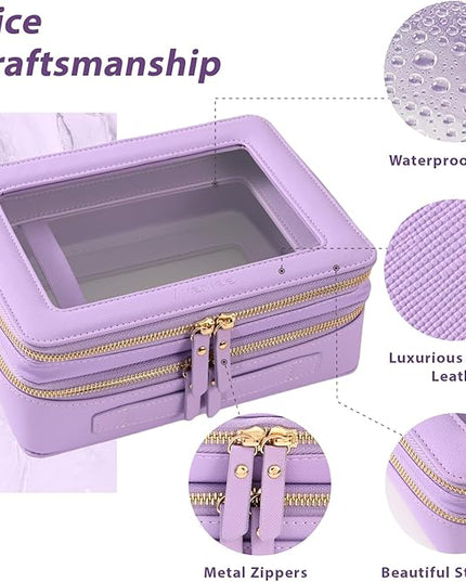 Aveniee Clear Makeup Bags, Double Layer Cosmetic Bags with a Separate Brush Compartment, Large Travel Toiletry Bag Train Case for Women, Travel Accessories Organizer.2 Layers Large, Lilac