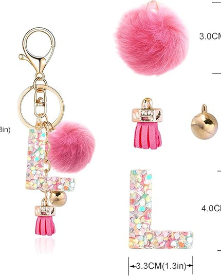 Resin Alphabet Initial Letter Keychain Keyring for Women Purse Handbags With Fur Ball Pom