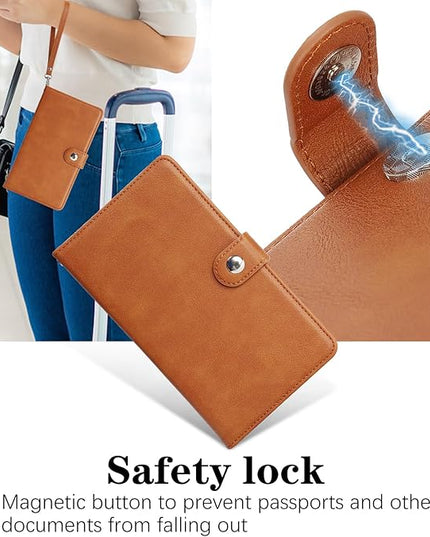 Passport Holder for Travel Essentials, RFID Blocking PU Leather Wallet Cover with Wristlet Strap Magnetic Closure Passport Book Holders Case for Women and Men, Brown
