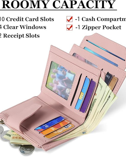 Airkit Small Wallet Women RFID Blocking Soft Leather Bifold Compact Card Holder Wallet for Women with Zipper Coin Pocket 4 ID Window