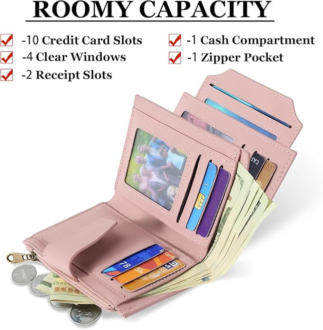 Airkit Small Wallet Women RFID Blocking Soft Leather Bifold Compact Card Holder Wallet for Women with Zipper Coin Pocket 4 ID Window