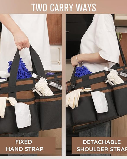 Wearable Cleaning Caddy, Cleaning Caddy Supplies Organizer with Handle & Shoulder Straps for Housekeepers, Under Sink & Car Cleaning Tool Organizers Bag with 4 Foldable Divider (Brown)
