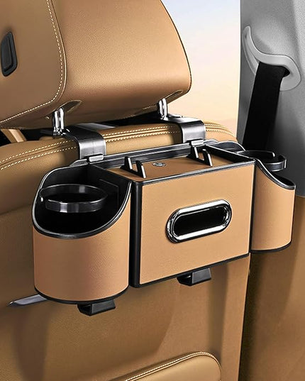 Back Seat Car Organizer,4 in 1 Multifunctional Car Back Seat Storage Box with Drink Cup Holder Tissue Box, for Hold Phone,Snacks, Drinks, Handbag-Light Brown
