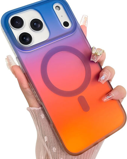 Aesthetic Case for iPhone 17 Pro Max Case for Women Girls [Compatible with Magsafe] Cute Girly Trendy Glitter Sparkly Rainbow Magnetic Protective Phone Cover, Matte Iridescent Blue & Orange