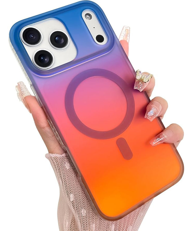 Aesthetic Case for iPhone 17 Pro Case for Women Girls [Compatible with Magsafe] Cute Girly Trendy Glitter Sparkly Rainbow Magnetic Protective Phone Cover, Matte Iridescent Blue & Orange
