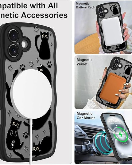 Cute Case for iPhone 16 Plus Case [Compatible with MagSafe] with Kawaii Black Cats Cat Print Pattern Design for Women Girls, Soft Wavy Edge Anti-Slip Animal Magnetic Protective Phone Cover