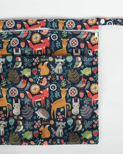 Wet Bag Baby Cloth Diaper Nappy Insert Reusable Washable With Two Zipper Pockets (Forest Animal Fox Owl)