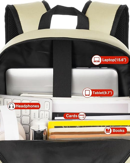 YAMTION School Backpack,Unisex Classic Bookbag Teens Schoolbag with USB Port for High School College Office Work Travel, 15.6 inch, Beige