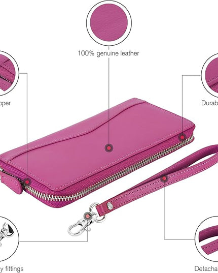 Oak Leathers Pink RFID Leather Wallet for Women - Womens Wallet Clutch with 8 Credit Card Holder, Coin Pocket, Gift for Women’s