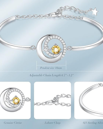 FANCIME Birthstone Bracelets 925 Sterling Silver Moon and Star Bangle Charm Bracelet Fine Jewelry Birthday Anniversary Christmas Day Gift for Her Women, Adjustable Chain 6.7"+1.2" Extend