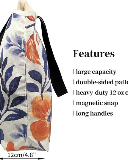 Large Tote Bag for Women, Floral Grocery Tote with Snap Thick Canvas Both Side Pattern, Gift Daily Use Shopping Travel Picnic