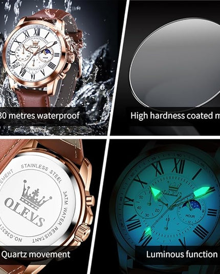 OLEVS Men's Watches Leather Strap Analog Quartz Watch, Fashion Big Dial Date Waterproof Watch, Dress Luxury Luminous Men Watches