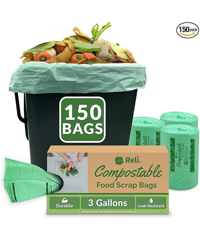 Reli. Compost Bags 3 Gallon (150 Count) | ASTM D6400 | Compostable Trash Bags for Food Scraps | Small Composting Liners for Kitchen Compost Bin/Countertop Bin | Green, Eco for Food Waste, 3 Gal