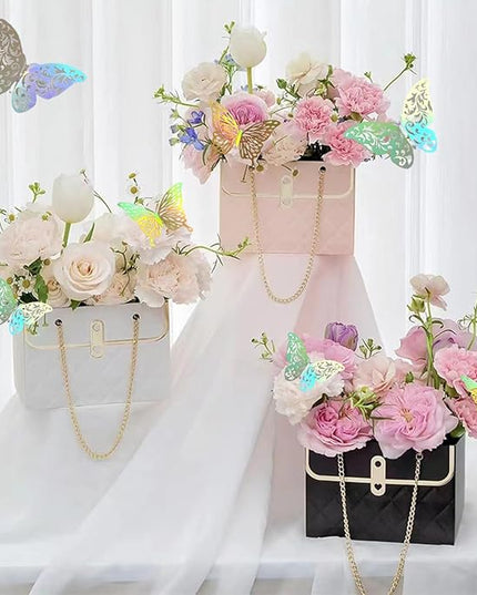 JHXTZ 16 Pack Flower Paper Gift Bag and 24 3D Butterfly Decor, Bouquet Portable Flower Handbag Box with Metal Chain, Small Florist Carrier Bag for Arrangements, Valentine's Day, Birthday 4 colors