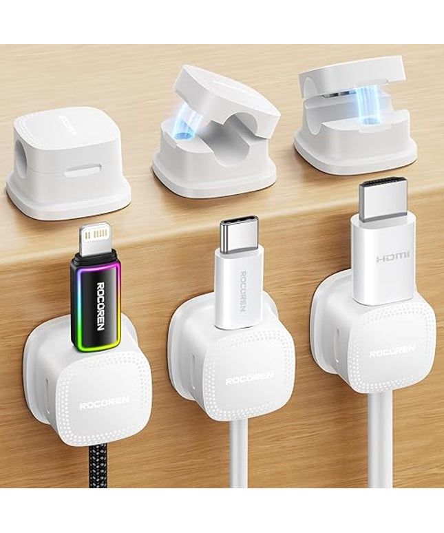 6-Pack Magnetic Cable Clips Cord Organizer-Cables Smooth Adjustable, Rocoren Desk Cable Management Accessories,Cord Holder Clips Wire Holder Keeper for Desktop,Nightstand,Home Office,Workspace,Phone