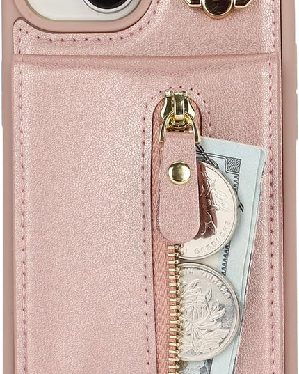 for iPhone 15 Wallet Case with Card Holder, for iPhone 15 Case Wallet with Strap Credit Card Slot, Crossbody Bag with Zipper Case for iPhone15 - Rose Gold