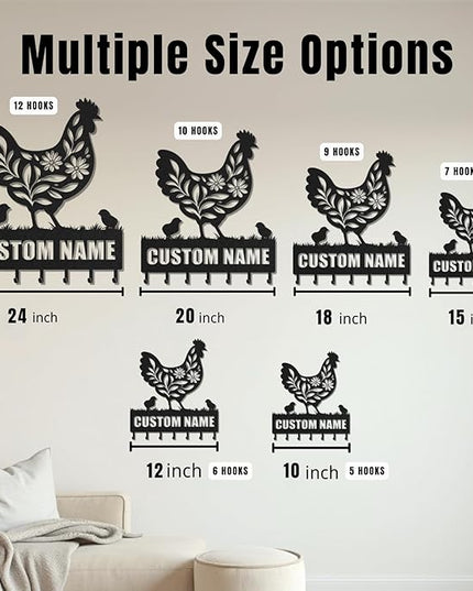 LOWACOS Personalized Key Holder for Wall, Custom Metal Chicken Key Hooks with Name, Meta Jacket Holder Hooks Organizer Rack, Jacket Hanger Decor for Kitchen, Entryway, Hallway, Office, Doorway