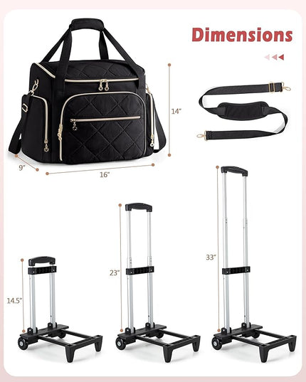 Rolling Teacher Bag with 15.6" Laptop Compartment, Wheeled Work Briefcase Tote with Detachable Trolley for Women, Black