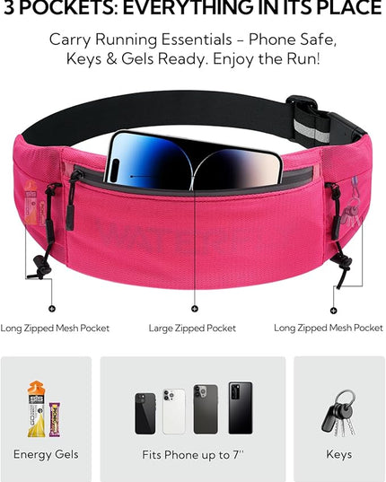 WATERFLY Running Belt Fanny Pack: Breathable 3 Pocket Waist Bag for Men Women Workout Exercise Fitness Phone Holder Fits All Phones - Runner Marathon Jogging Race Belt with Bib Clip Pink