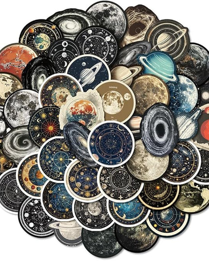 Vintage Celestial Galaxy Planet Vinyl Stickers, 50 PCS Waterproof Astronomical Icon Decals for Laptops, Scrapbooking, Journals, Notebooks, Water Bottles, Suitcases, Phones & DIY Decor