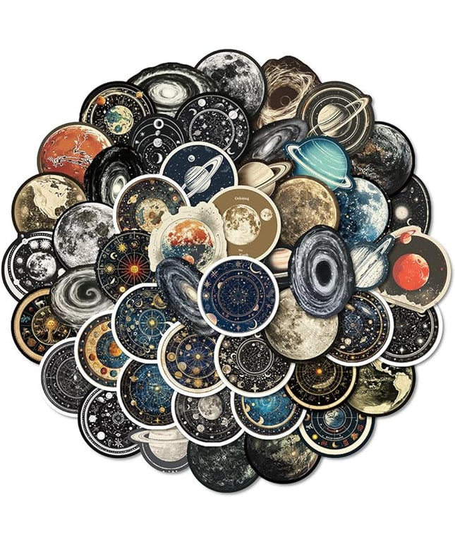 Vintage Celestial Galaxy Planet Vinyl Stickers, 50 PCS Waterproof Astronomical Icon Decals for Laptops, Scrapbooking, Journals, Notebooks, Water Bottles, Suitcases, Phones & DIY Decor