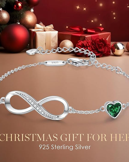 CDE Valentine's Day Gift Infinity Heart Birthstone Charm Link Bracelet for Women 925 Sterling Silver Adjustable Mother's Day Christmas Day Gift Anniversary Birthday Jewelry for Wife Girlfriend Her