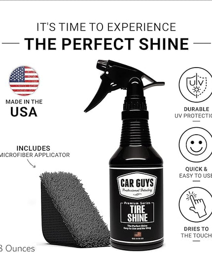 CAR GUYS Tire Shine Spray | The Perfect Shine | Durable and User Friendly Tire Dressing | Long Lasting UV Protection for Black Tires, Wheels, & Rubber | 18 Oz Kit with Applicator Pad