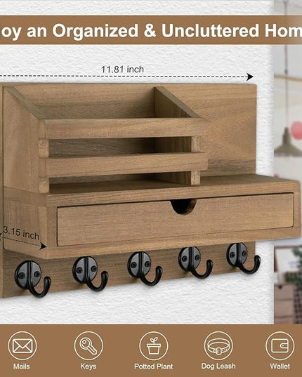 Lucundm Key Holder Wall Mount, Mail Holder with Storage Drawer and 5 Key Hooks for Coat, Dog Leash, Home Decor Rack, House Accessories, Entry Way Organizer (Light Brown)