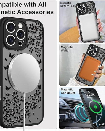 Cute Case for iPhone 16 Pro Max Case with Stand [ Compatible with MagSafe ] Kawaii Black Cat & Floral & Butterflies Pattern Design 360 Magnetic Ring Kickstand Phone Cover for Women Girls Boys