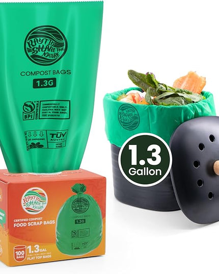 Compost Bags 1.3 Gallon,100 Count,Compostable Small Trash Bags for Kitchen Countertop Compost Bin 0.75, 1,1.2, 1.3Gallon,ASTM D6400, US BPI and Europe OK compost HOME certified