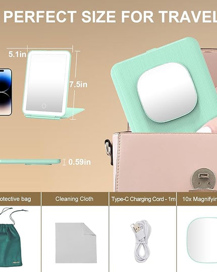 Mocado LED Foldable Travel Makeup Mirror - 5x7 inches3 Colors Light Modes USB Rechargeable Touch Screen, Portable Tabletop Cosmetic Mirror for Travel, Cosmetic, Office (Green)