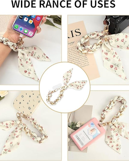 Fycyko Phone Wrist Strap with Gold Metal Scarf and Universal Tether Tab, Aesthetic Print Design Ribbon Chain, Multi-Purpose Accessories for Bag Key Cellphone for Men Women Girls-Beige Floral