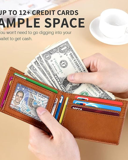 RUNBOX Wallet for Men Slim 11 Credit Card Holder Slots Leather RFID Blocking Small Thin Men's Wallet Bifold Minimalist Front Pocket Large Capacity Gift Box