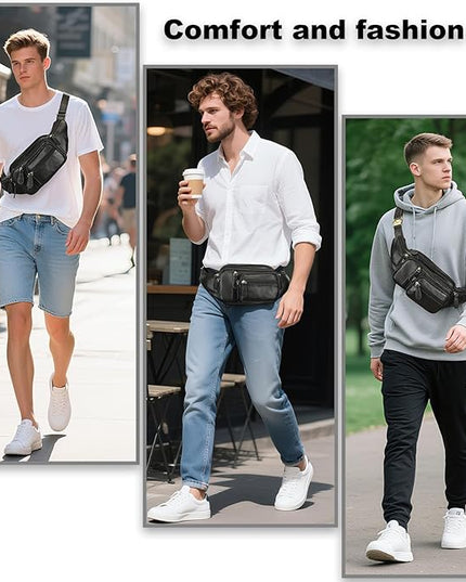 Genuine Leather Fanny Pack large capacity Crossbody Waist Bag with Zipper phone Pockets black