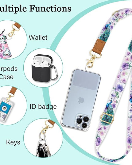 Phone Lanyard Crossbody Wrist Strap, Peacock Floral Cell Phone Lanyards for Around the Neck Wristlet Shoulder, Adjustable Flower Strap for Car Keys Keychain Wallet ID Badge