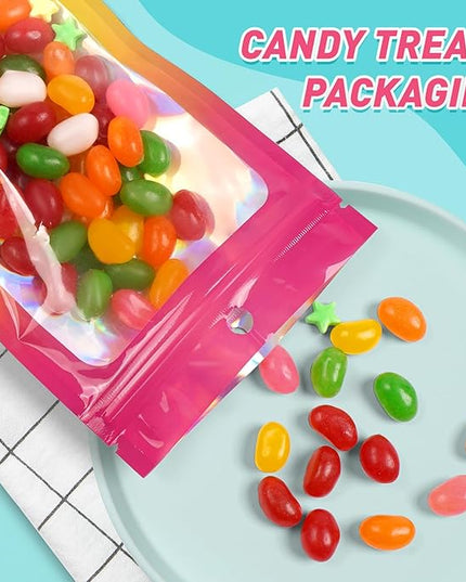 Funfery 300 Pack Smell Proof Resealable Bags for Food Storage,Holographic Bags 4x6 Hot Pink Orange Mylar Clear Packaging Bag- Scent Proof for Cookies, Zip Foil Pouch for Small Business