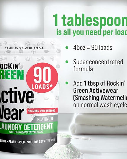 Rockin' Green Laundry Detergent, Plant based, All Natural Laundry Detergent Powder, Vegan and Biodegradable Odor Fighter, Safe for Sensitive Skin (Active Wear 90 Loads - Smashing Watermelons)