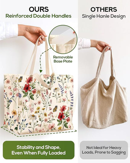 Large Canvas Grocery Tote Bag - Reusable Extra Large Shopping Shoulder Bags with 6 Inner Pockets & 2 Handle Strap