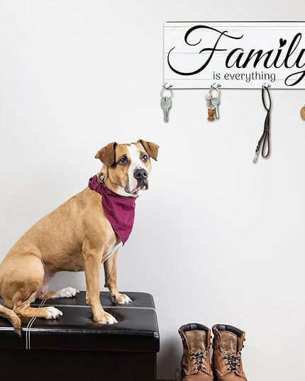 MBYHP Wooden Key Holder with 4 Hooks - Family is Everything Decorative Key Organizer for Wall - Home Office Kitchen Hallway Entryway Wall Decor for Keys, Dog Leash Hanging - A06