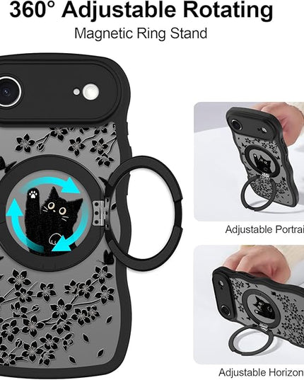 Wavy Case for iPhone Air Case with Stand [Compatible with MagSafe] Cute Black Cat & Floral & Butterflies Pattern Design, Kawaii 360 Magnetic Ring Kickstand Phone Cover for Women Girls