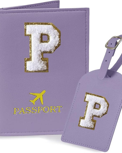 COSHAYSOO Purple Passport Cover and Initial Luggage Tag Set TSA Approved with Preppy Chenille Letter Patch, Trendy Traveling Bag Backpack Suitcase Identifier Stocking Stuffer Gifts for Women Girls (P)