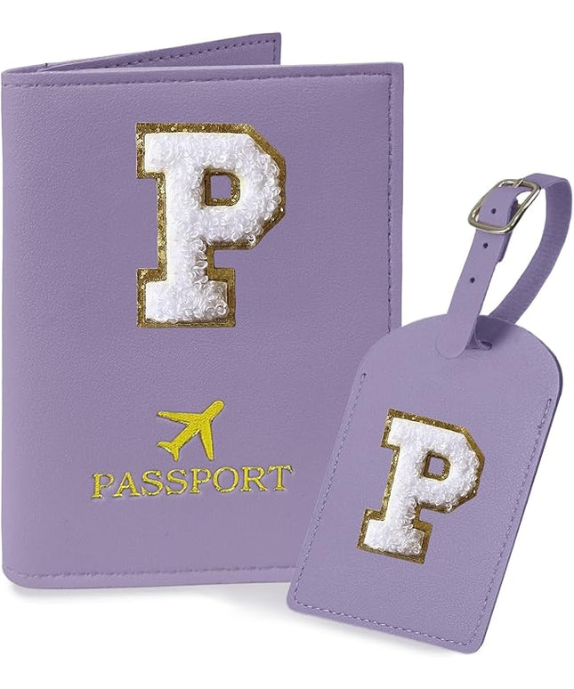 COSHAYSOO Purple Passport Cover and Initial Luggage Tag Set TSA Approved with Preppy Chenille Letter Patch, Trendy Traveling Bag Backpack Suitcase Identifier Stocking Stuffer Gifts for Women Girls (P)
