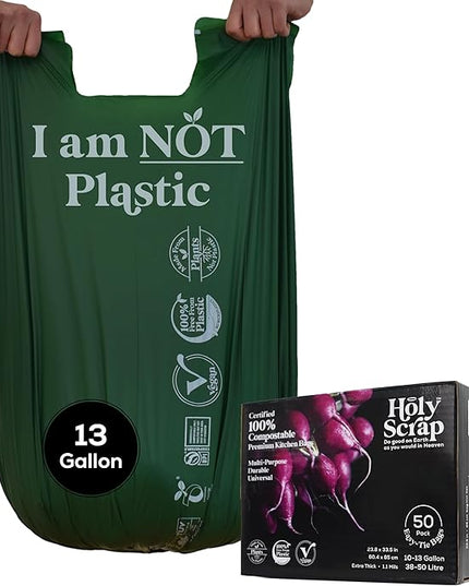 Large Compostable Trash Bags - 10-13 Gallon, 50 Pack, 100% Plastic-Free Decomposing Easy-Tie Trash Can Bags & Liners, Thick Kitchen, Bathroom & Backyard Bin Bags for Food & Green Waste
