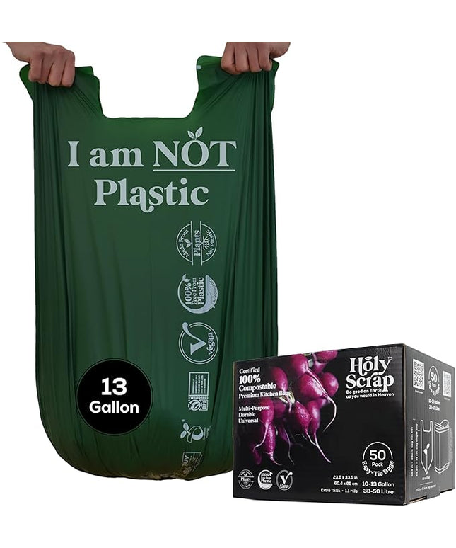 Large Compostable Trash Bags - 10-13 Gallon, 50 Pack, 100% Plastic-Free Decomposing Easy-Tie Trash Can Bags & Liners, Thick Kitchen, Bathroom & Backyard Bin Bags for Food & Green Waste