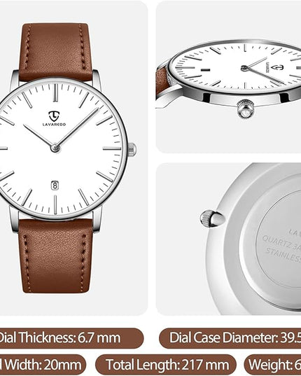 L LAVAREDO Watch for Men, Extremely Thin Mens Watches Minimalist Analog Men's Leather Wrist Watches with Time/Date, Birthday Gift for Men Boyfriend