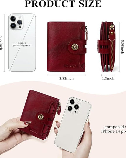 Blucoay Wallet Women,RFID Blocking Real Leather Womens Wallet Bifold Compact Card Holder Small Wallet for Women with Removable ID Window Red
