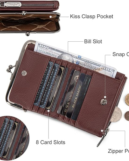 Montana West Wrangler Women's Wallet RFID Blocking Wallets Small Bifold Credit Card Holder with Kiss Clasp Burgundy Red