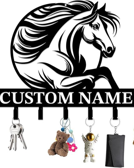 Personalized Custom Name Farm Horse Wall Key Hooks,Metal Horse Art Clothes Hooks,Metal Horse Wall Home Storage Decorative,For Front Door, Hallway, Kitchen, Bedroom,Keys,Hats (Style J)