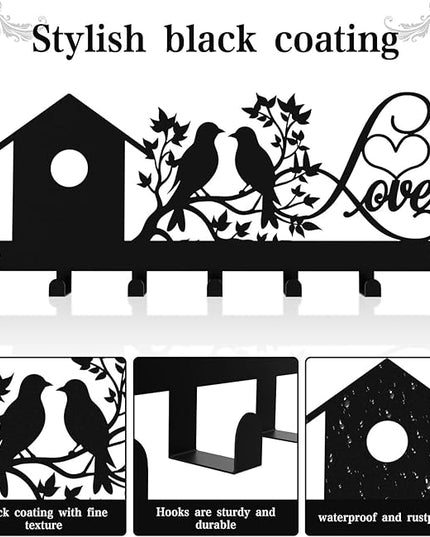Hppybiry Metal Key Holder, Wall Mounted Key Hooks, Key Holder for Wall, Key Organizer Rack with 7 Hooks, Key Hanger Decor for Kitchen, Entryway, Hallway, Bedroom, Doorway (House Bird 12IN)