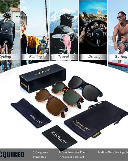 KALIYADI Sunglasses Men Polarized Sun glasses for Mens Womens Classic Matte Black Frame UV Protection 3pack